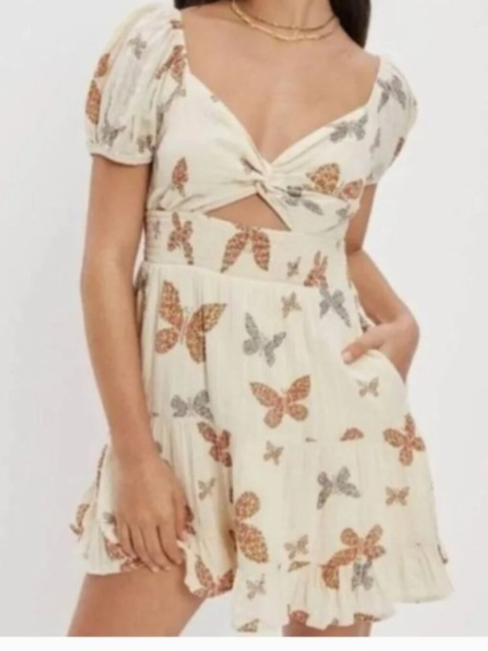 American Eagle Brand Size Small Butterfly Print Cut Out Front Twist Mini Dress